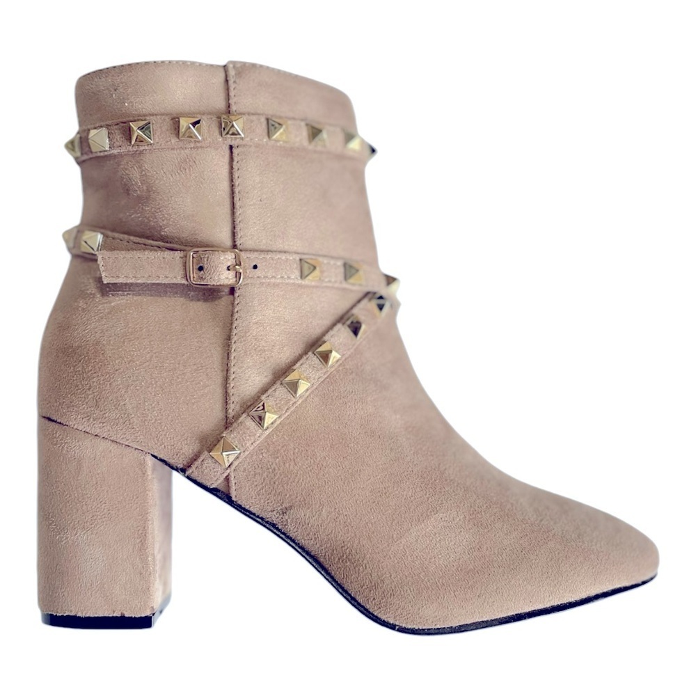 CATHERINE MALANDRINO Royalie Beige Suede Studded Heels Bootie Size 8.5